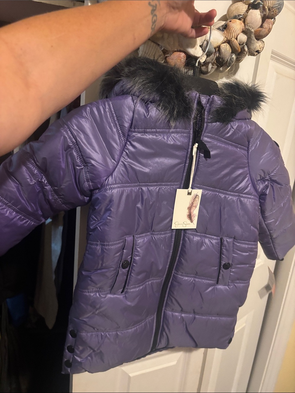 Jessica Simpson Purple Quilted Puffer Jacket with Faux Fur Hood